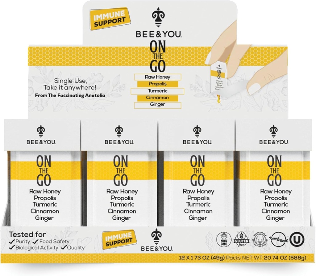 Bee and You On The Go, Immune Support Supplement, Raw Honey, Propolis, Turmeric, Cinnamon, Ginger, Superfrood, Great Tasting, for Kids and Adults, 12 Pack, 1,73 oz Κάθε ένα
