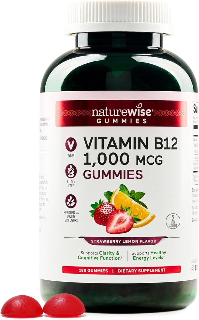 NatureWise Vitamin B12 Gummies for Adults, 1000 mcg - Φράουλα Λεμονάδα Γεύση - Υποστηρίζει την καθημερινή ενέργεια, ψυχική σαφήνεια, Γνωστική λειτουργία - Vegan, Χωρίς γλουτένη, Μη ΓΤΟ - 180 Count[3-Month Supply]