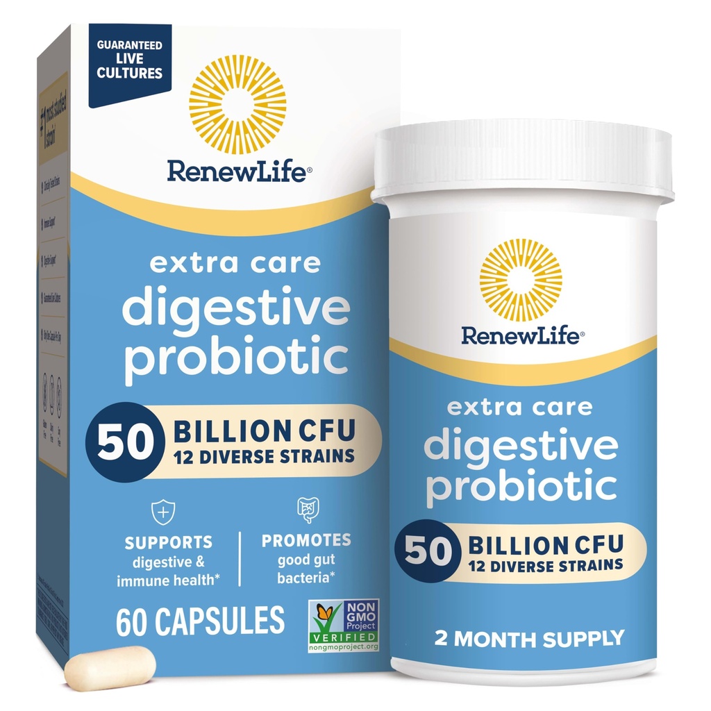 Renew Life Extra Care Digestive Probiotic Capsules, 50 δισεκατομμύρια CFU Εγγυημένα, ημερήσιο συμπλήρωμα υποστηρίζει ανοσοποιητικό, Digestive, αναπνευστική υγεία(1), L. Rhamnosus GG, γαλακτοκομικά, σόγια και χωρίς γλουτένη, 60 Count