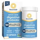 Renew Life Extra Care Digestive Probiotic Capsules, 50 δισεκατομμύρια CFU Εγγυημένα, ημερήσιο συμπλήρωμα υποστηρίζει ανοσοποιητικό, Digestive, αναπνευστική υγεία(1), L. Rhamnosus GG, γαλακτοκομικά, σόγια και χωρίς γλουτένη, 60 Count