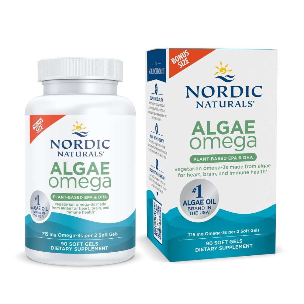 Nordic Naturals Algae Omega - 90 Soft Gels - 715 mg Omega-3 - Certified Vegan Algae Oil - Plant-based EPA & DHA - Heart, Eye, Immune & Brain Health - Non-GMO - 45 Service