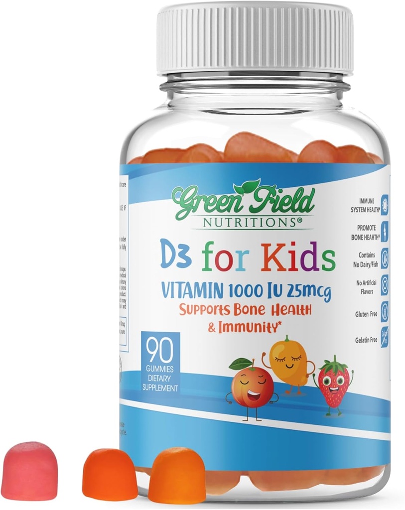 Greenfield Nutritions Halal Vitamin D3 for Kids – 1000 IU – 90 Gummies | Chewable Kids Vitamin D Supplement Supports Bone and Immune System | Non-GMO, Gelatin-Free, Gluten-Free