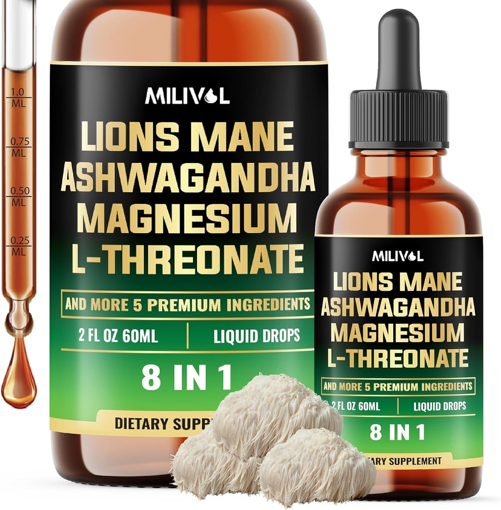 8in1 Lions Mane Υγρές σταγόνες με Root Ashwagandha, Μαγνήσιο L-Θρεονικό & 5 Βότανα - Ισορροπία Mood, Εγκεφαλική Υγεία, Ανοσοποιητικό - 60 Ημέρες Προμήθεια - 2Fl oz