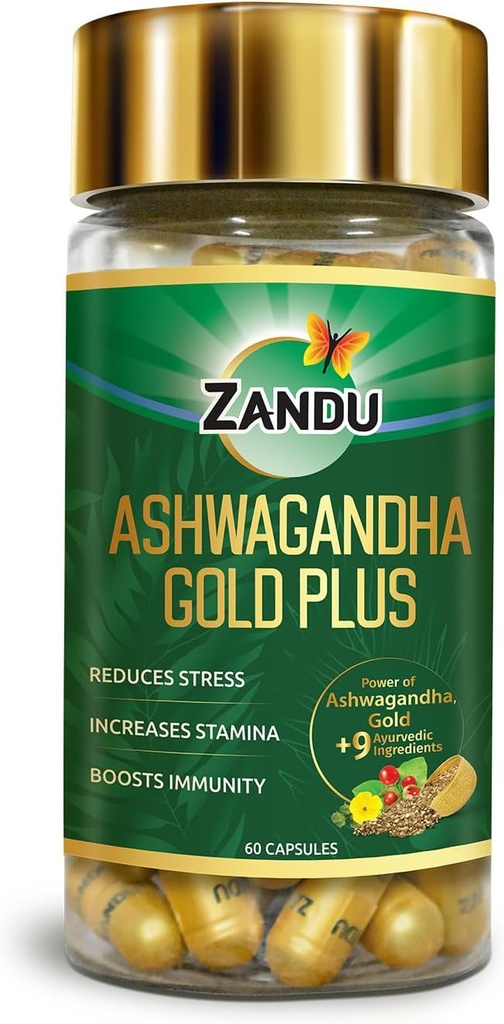 Zandu Ashwagandha Gold Plus, Made with Gold, Ashwagandha, Safed Musli, Shilajit & Other Ayurvedic Ingredients, Helps to Boost Stamina, Strengthens Immunity, 60 Caps