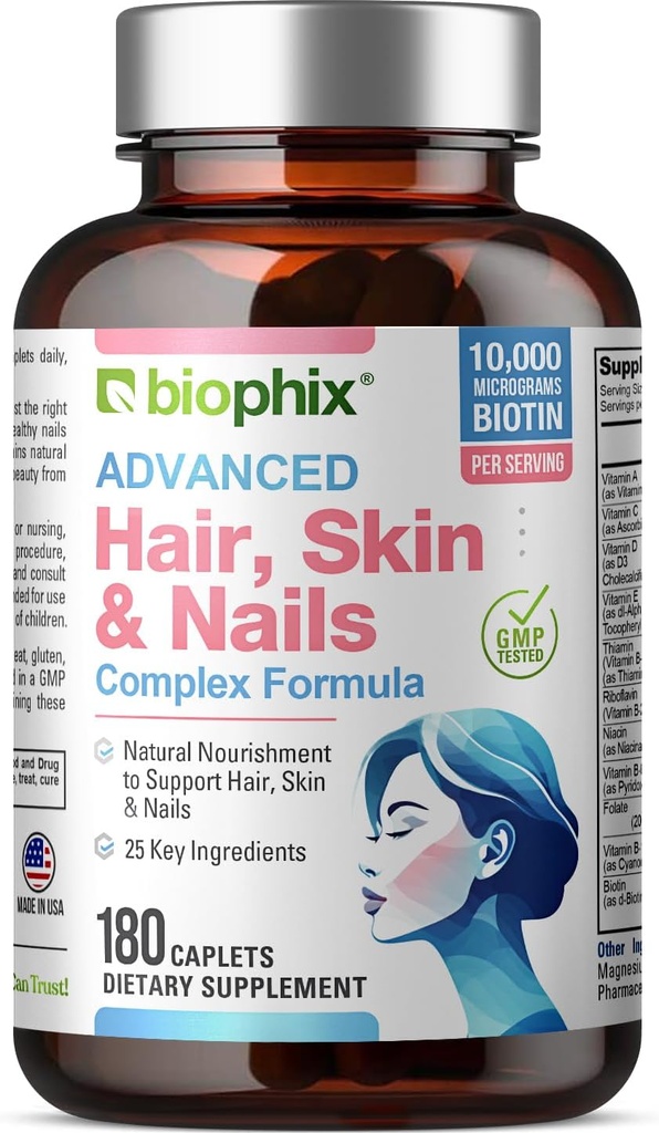 Biophix Hair Skin and Nails Complex 180 Caplets with 10.000 mcg Biotin - Πολυβιταμίνες Υποστηρίζει ισχυρά νύχια Όμορφη υγιής γήρανση μαλλιών