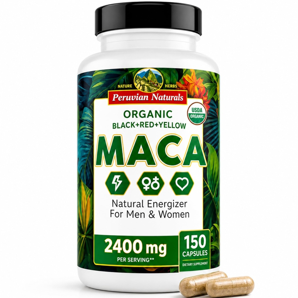 Βιολογικές κάψουλες ρίζας Maca για γυναίκες & άνδρες 2400mg ανά Σερβίρισμα - 150 χάπια Μαύρο, κόκκινο, κίτρινο συμπλήρωμα Maca - Ζελατινισμένο Macaroot, μη ΓΤΟ, Vegan από Περουβιανούς Φυσικούς