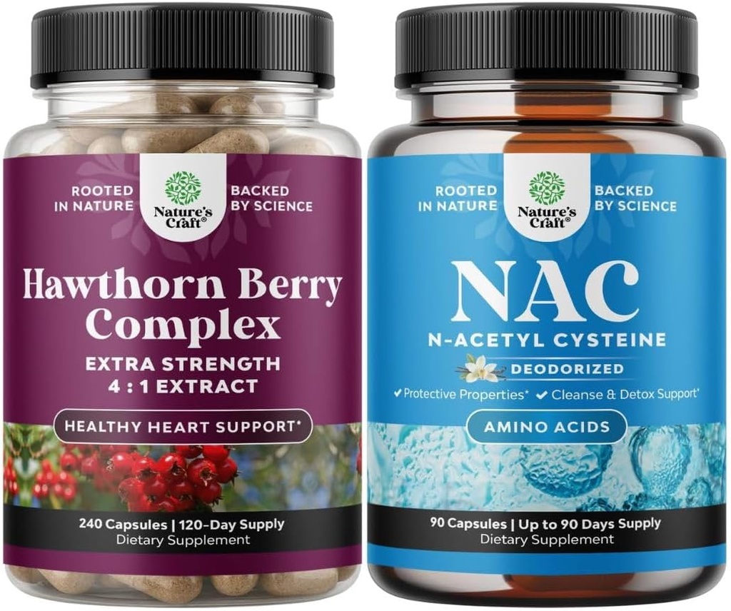 Τσάντα υψηλής αντοχής κάψουλες καρπού Hawthorn με Leaf & Flower Extract 4:1 για υγιή καρδιά & πέψη και συμπλήρωμα NAC N-Acetyl Cysteine 600mg - Glutathion Precursor για ηπατική κάθαρση Detox