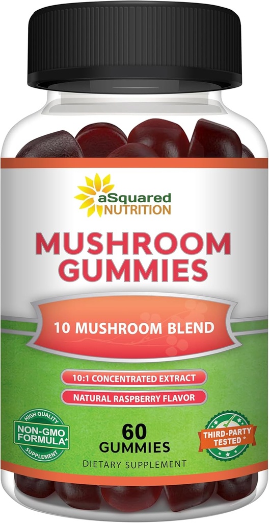 aSquared Nutrition Mushroom Gummies - 10x Complex Supplement - Lions Mane, Turkey Tail, Reishi, Cordyceps, Chaga - Ενέργεια, Εστίαση, Ανοσοποιητική Υποστήριξη για Άνδρες & Γυναίκες - Αντικατάσταση σκόνης, κάψουλες & χάπια