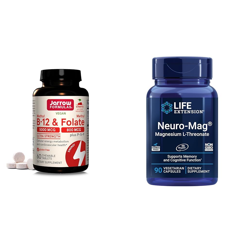 Jarrow Formulas Ultra Strength Methyl B-12 5000 mcg & methyl folate 800 mcg + P-5-P & Life Extension Neuro-mag Μαγνήσιο L-θρεονικό, μαγνήσιο L-θρεονικό, Εγκεφαλική υγεία, μνήμη & προσοχή