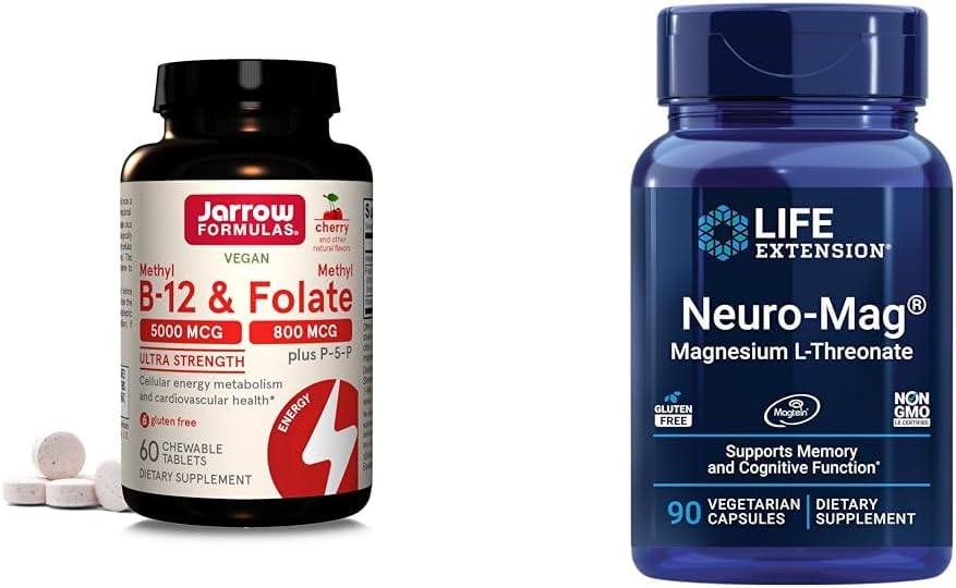 Jarrow Formulas Ultra Strength Methyl B-12 5000 mcg & methyl folate 800 mcg + P-5-P & Life Extension Neuro-mag Μαγνήσιο L-θρεονικό, μαγνήσιο L-θρεονικό, Εγκεφαλική υγεία, μνήμη & προσοχή