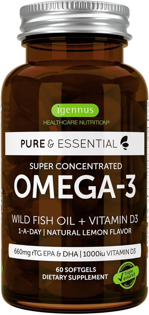 Igennus Advanced rTG Omega-3 IFOS Certified Wild Fish Oil & Vitamin D3, 1-a-Day, λιπαρά οξέα EPA & DHA, ταχείας δράσης μορφή τριγλυκεριδίων, Ultra Pure & Non-GMO, 60 Softgels