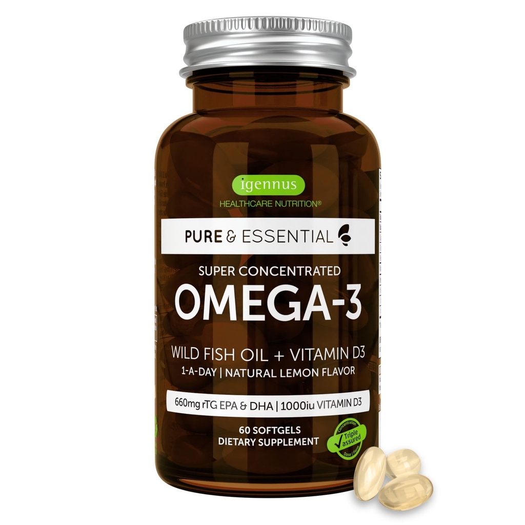 Igennus Advanced rTG Omega-3 IFOS Certified Wild Fish Oil & Vitamin D3, 1-a-Day, λιπαρά οξέα EPA & DHA, ταχείας δράσης μορφή τριγλυκεριδίων, Ultra Pure & Non-GMO, 60 Softgels