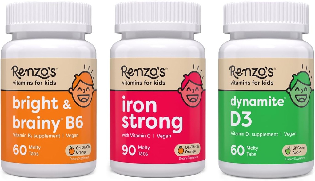 Renzo's Vitamins Mighty Kid Bundle - Συμπληρώματα σιδήρου για τα παιδιά, βιταμίνη D3 για τα παιδιά, και Φωτεινή & Εγκέφαλη βιταμίνη B6