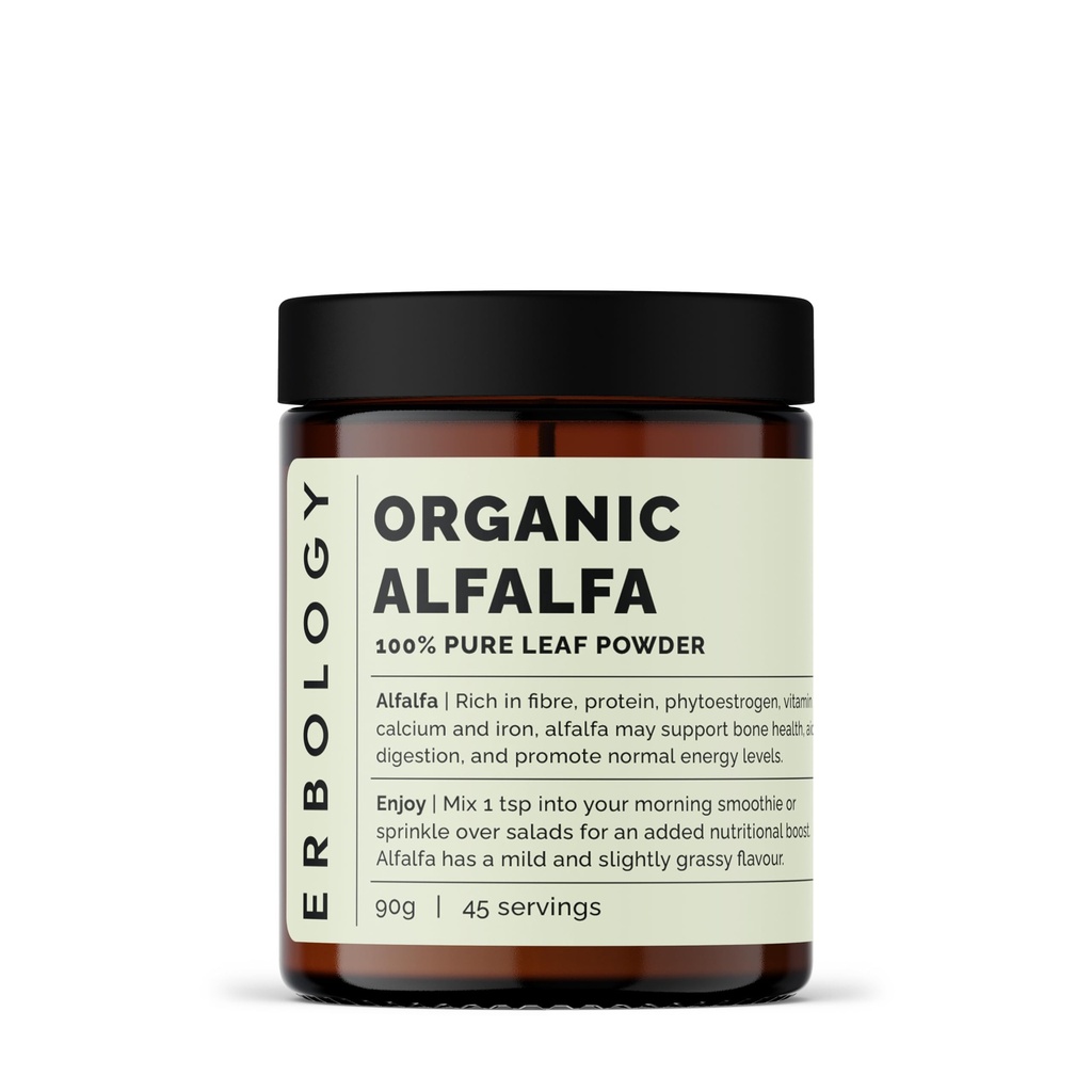 Erbology Organic Alfalfa Powder 3.2 oz - 45 Σερβίρει - Υποστηρίζει την υγεία των οστών και των ούρων - Πλούσια σε βιταμίνη Α, ασβέστιο και σίδηρο - Με βιώσιμο τρόπο πηγάζει κατ 'ευθείαν από τη γεωργία - Μικρή παρτίδα - Vegan - GMO-free
