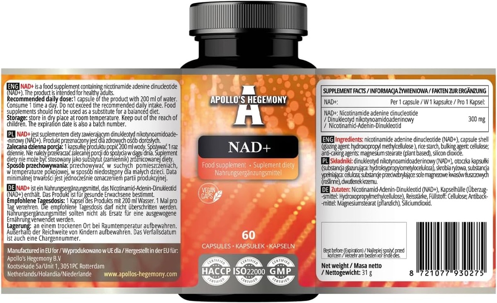 APOLLO'S HEGEMONY NAD+ 300 mg - Coenzymatic Form of Vitamin B3-60 Vegan Capses - 2 Μήνες Προσφορά - Nicotinamide Adenine Dinucleotide Συμπλήρωμα διατροφής