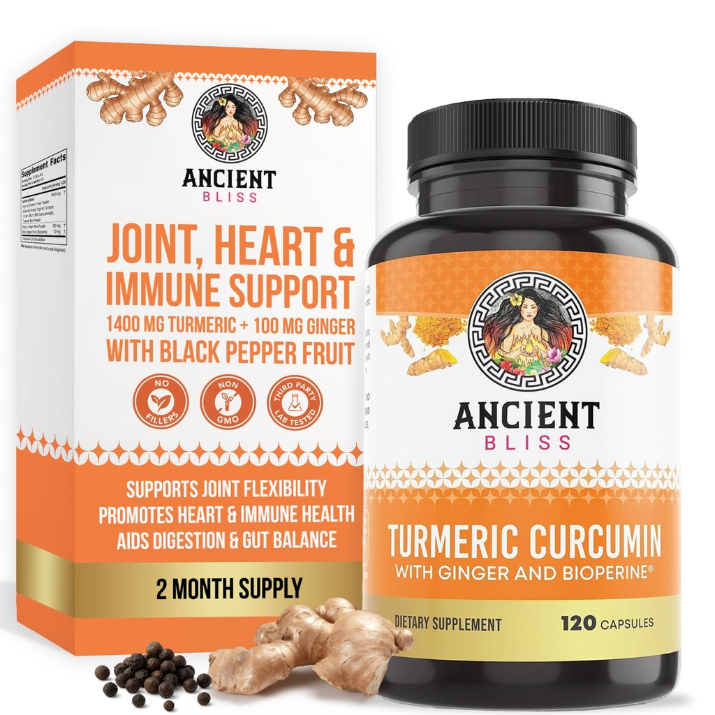 Κουρκουμίνη turmeric με Ginger & Bioperine, Κουρκουμίνη turmeric με Μαύρο Πιπέρι & Ακατέργαστη Ρίζα σκόνη συμπλήρωμα κάψουλας από την Αρχαία Bliss (120 κάψουλες)