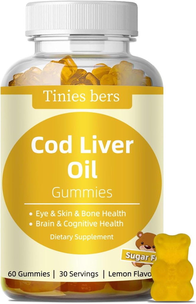 God Liver Oil Gummies 1000mg, Ζάχαρη δωρεάν για ενήλικες & παιδιά, Omega-3s & βιταμίνη A&D για τον εγκέφαλο, Γνωστική, καρδιά & μάτια, υγεία των οστών, χωρίς γλουτένη, μη ΓΤΟ, Πεκτίνη, 60