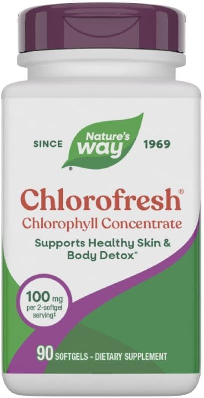 Nature’s Way Chlorofresh Chlorophyll Concentrate, Chlorophyll Supplements, Supports Detox Pathways* & Healthy Skin*, Chlorophyllin Copper Complex, Internal Deodorant*, 90 Softgels (Packaging May Vary)