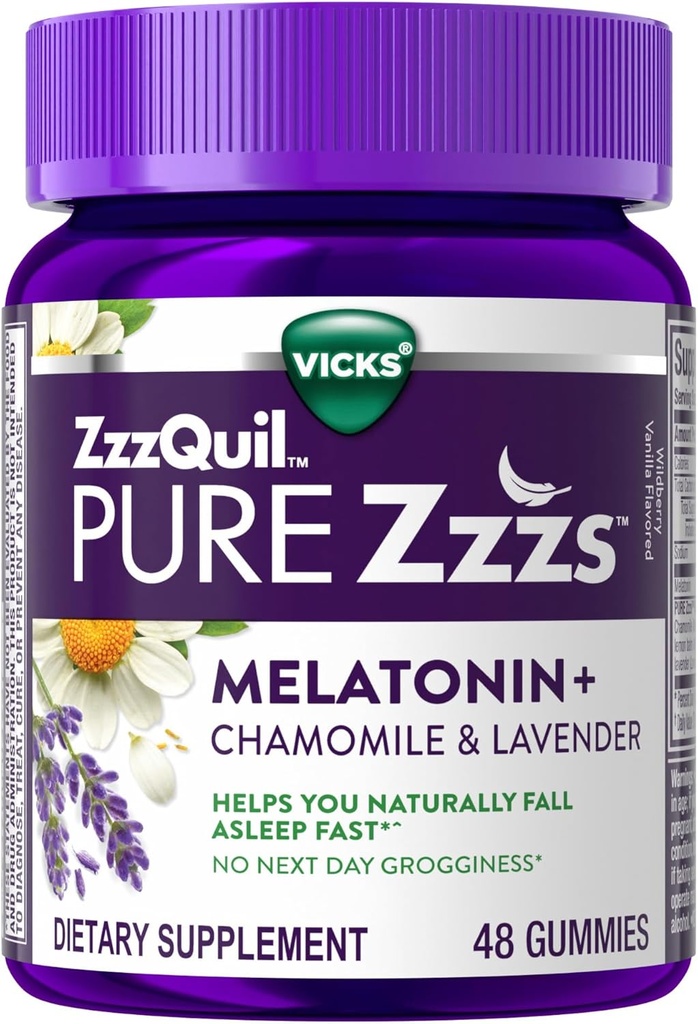 ZzzQuil Pure Zzzs Μελατονίνη Gummies, Sleep Aid, Μελατονίνη 2mg, με Χαμομήλι & Λεβάντα, Μελατονίνη Gummies ύπνου, Βοηθήματα ύπνου για ενήλικες, Wildberry Vanilla Flavored, 48 Gummies ύπνου
