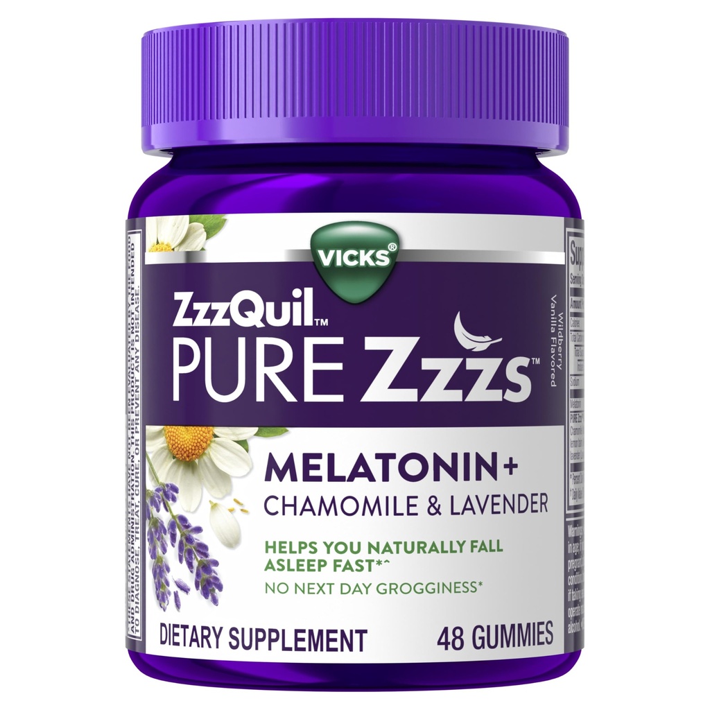 ZzzQuil Pure Zzzs Μελατονίνη Gummies, Sleep Aid, Μελατονίνη 2mg, με Χαμομήλι & Λεβάντα, Μελατονίνη Gummies ύπνου, Βοηθήματα ύπνου για ενήλικες, Wildberry Vanilla Flavored, 48 Gummies ύπνου