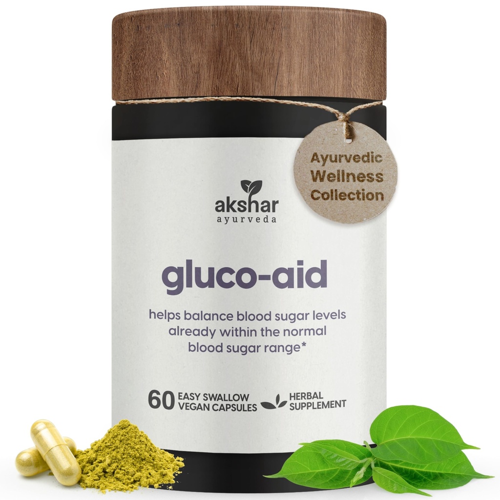 AKSHAR Ayurveda Gluco συμπλήρωμα υποστήριξης με Gymnema, Πικρό πεπόνι, Turmeric & More, Υποστηρίζει υγιή επίπεδα (60 κάψουλες)