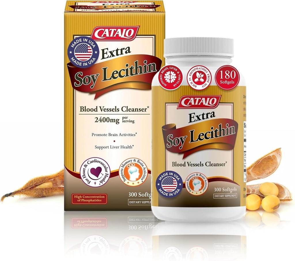 CATALO Extra Soy Lecithin Κάψουλες – Αίμα αγγείο Υγεία, εγκεφαλική λειτουργία, και ηπατική ευεξία – Σόγια Λεκιθίνη συμπλήρωμα για ενήλικες, 300 Softgels