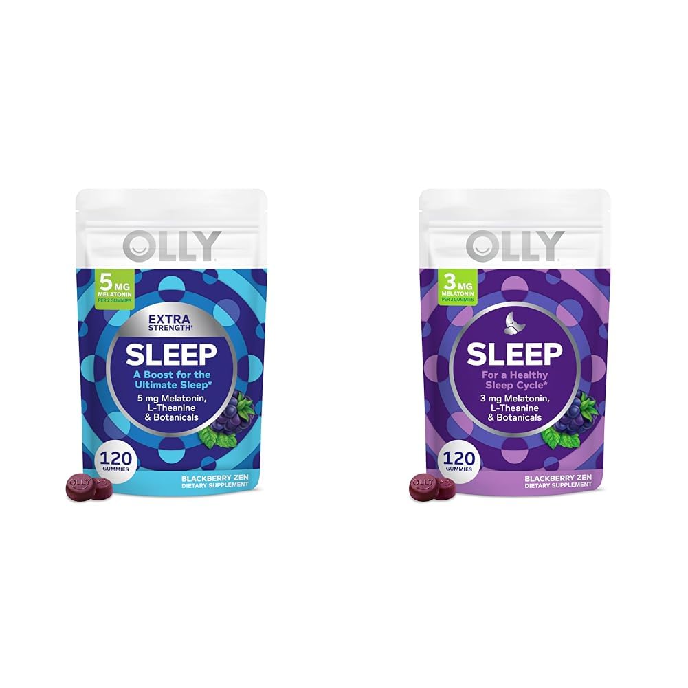 OLLY Extra Strength (5mg) & Τακτική Δύναμη (3mg) Μελατονίνη Gummys ύπνου με L-Θεανίνη, 120 Count BlackBerry Γεύση