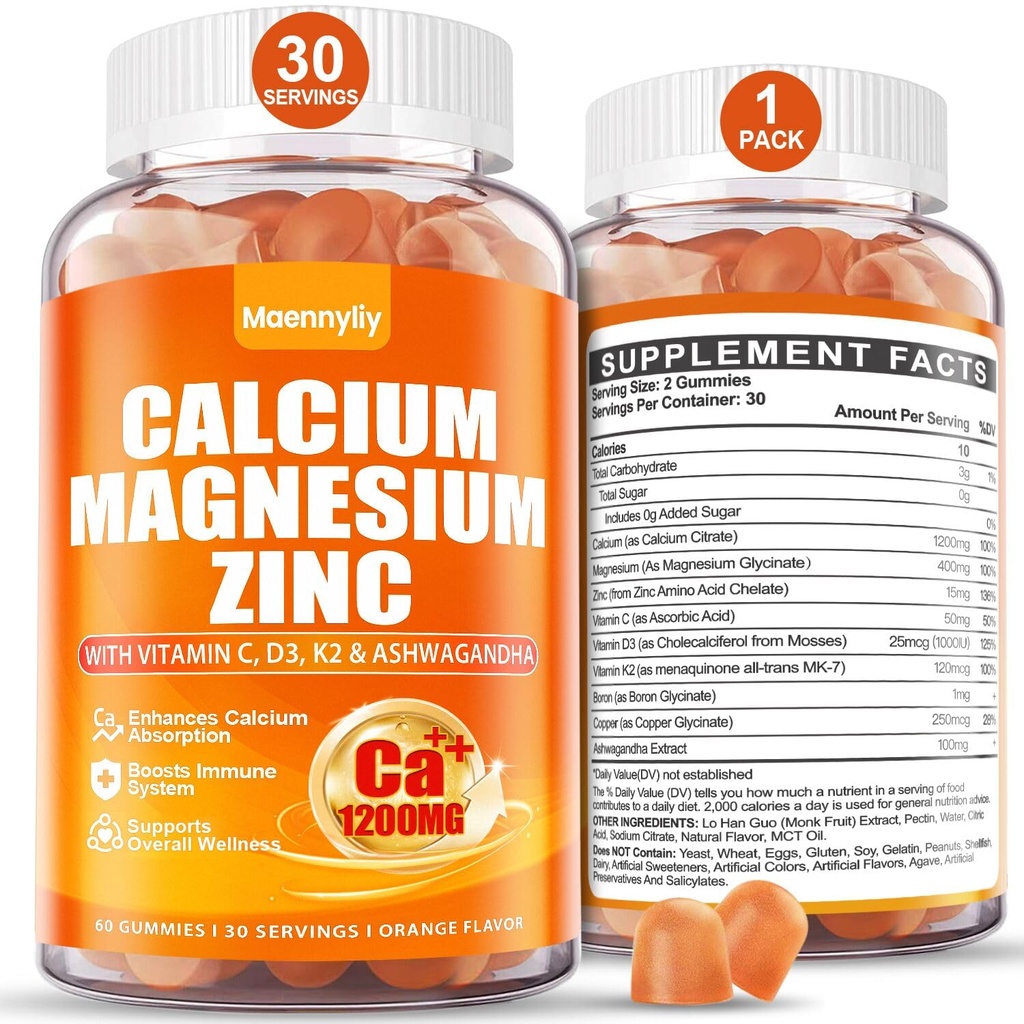 Ασβέστιο 1200 mg με Βιταμίνη D3 Gummies για Ενήλικες - Κιτρικό Ασβέστιο με Βιταμίνη D3 K2, Μαγνήσιο, Ψευδάργυρο, Βόριο, Χαλκό και Ashwagandha - Συμπλήρωμα Ασβέστου για Γυναίκες Άνδρες