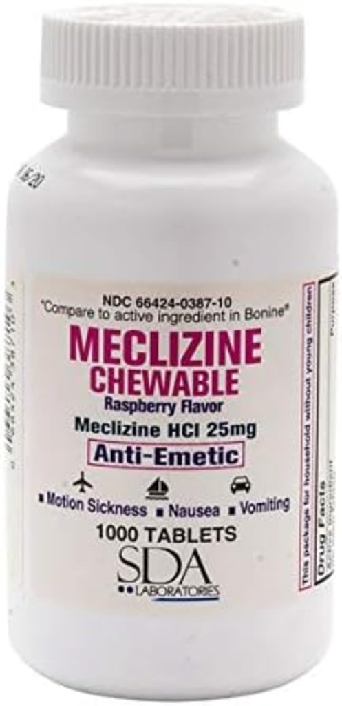 SDA ΕΡΓΑΣΤΗΡΙΑ Meclizine Chewable Tables, 25mg, Anti- Emetic, Raspberry Flavor, Motion Sickness & Vertigo Relief for Nausea, Dizness, and Vomiting, 1000 Count (1 Pack)