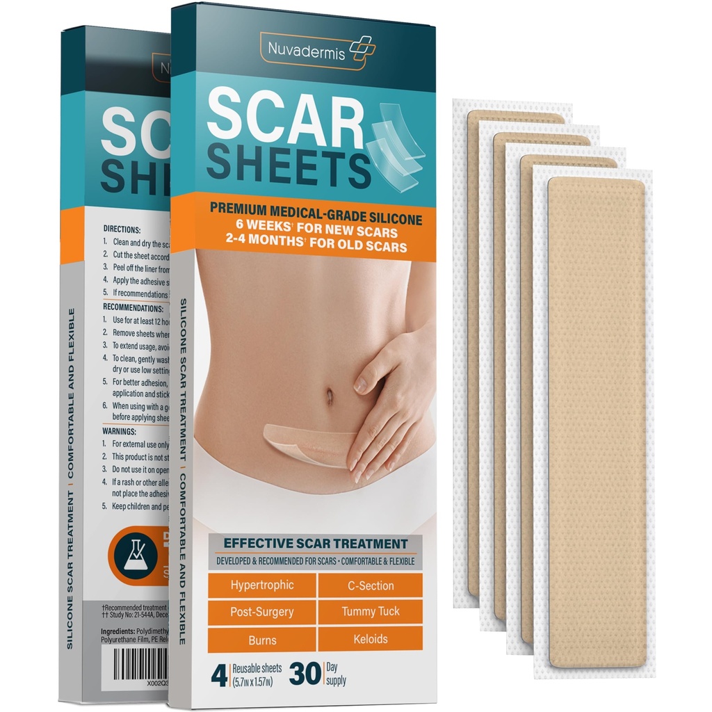 NUVADERMIS Silicone Scar Sheets - Extra Long Scar Sheets for C-Tegment, Tummy Tuck, Keloid, and Surgical Scars - Reuseable Medical Grade Silicone Scar Sheets - Pack of 4 - Ελαφρύς Τόνος