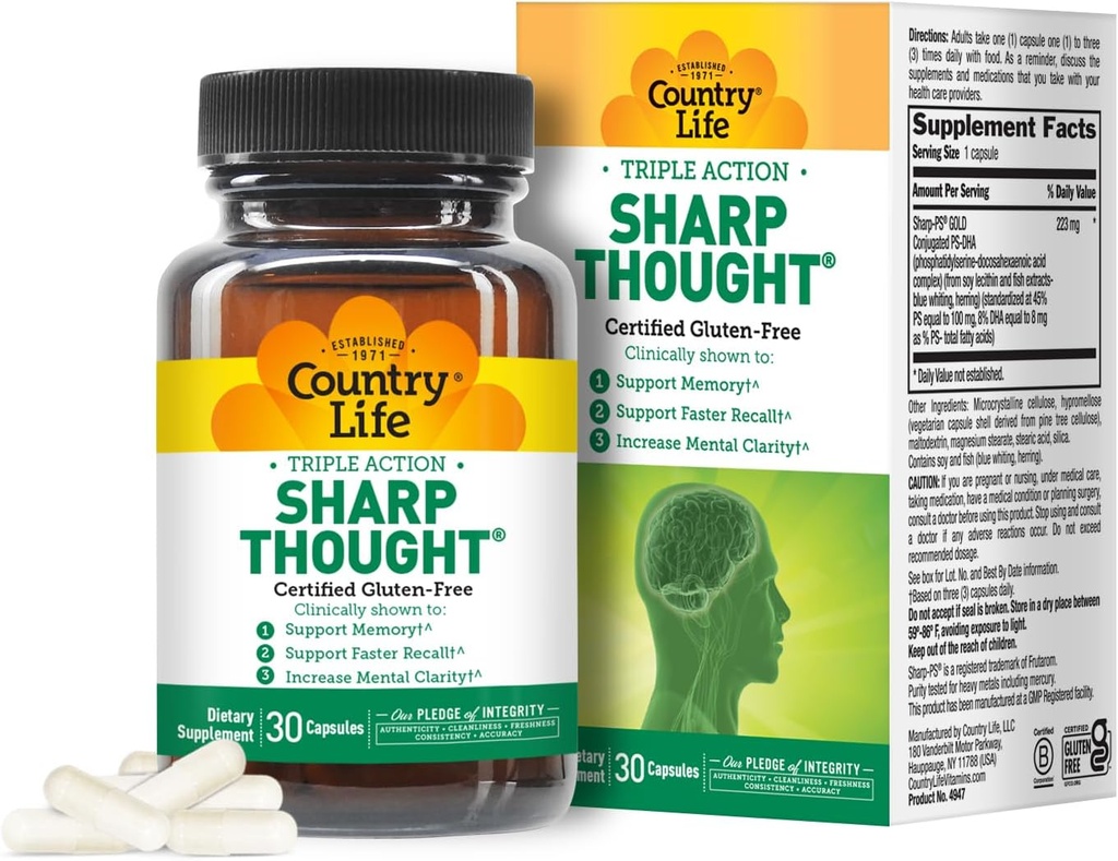 Country Life Sharp Thought - Memory & Cognitive Support Supplement – Sharp-PS Gold Phosphatidylserine + DHA – Προάγει τη διανοητική σαφήνεια και την ταχύτερη ανάκληση – Χωρίς γλουτένη, 30 κάψουλες