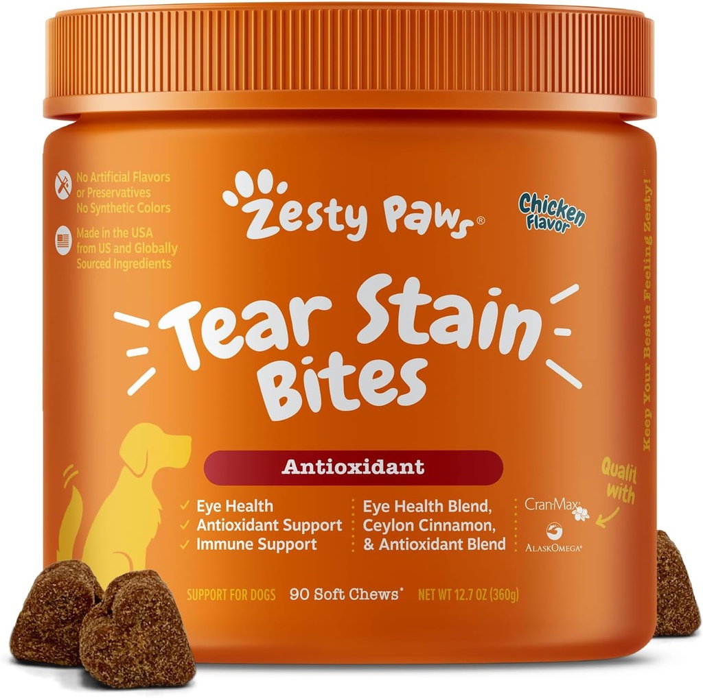 Zesty Paws Tear Stain Support Soft Chews for Dogs - για ενυδάτωση ματιών + όραση & ανοσοποιητική υποστήριξη - Λειτουργικά συμπληρώματα με ιχθυέλαιο, λουτεΐνη, βατόμουρο & βιταμίνη C - Γεύση κοτόπουλου - 90 ct