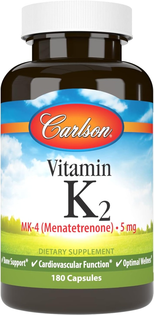 Carlson - Βιταμίνη K2 MK-4 (Μενατερενόνη), 5 mg, Συμπλήρωμα βιταμίνης Κ, Υποστήριξη οστών, K2 Βιταμίνη, Χωρίς σόγια, Βιταμίνη K-2, 180 κάψουλες