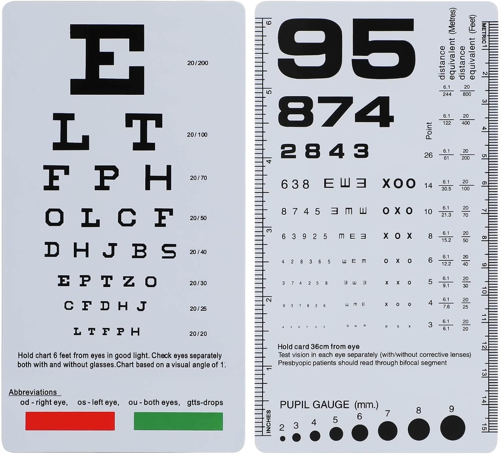 NOYOC 2 Pack Pocket Eye Chart, 2 σε 1 Διάγραμμα Snellen & Rosenbaum, 6.5x3.5 Inches, Handheld Double Sided Πλαστική κάρτα χαμηλής όρασης για εξετάσεις ματιών (2 Pack 6 Feet)