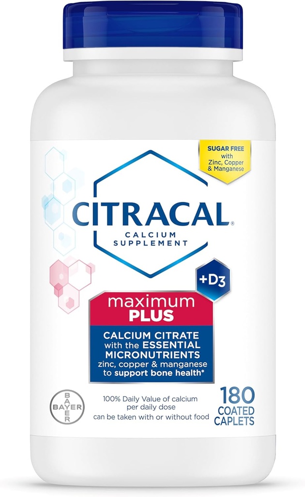 Citracal Maximum Plus, 650 mg Κιτρικό ασβέστιο, απορροφάται εύκολα και είναι εξαιρετικά διαλυτό με 25 mcg (1000 IU) Βιταμίνη D3, Υποστήριξη για την Υγεία των Οστών, Συμπλήρωμα ασβεστίου για ηλικίες 12+, 180 Count (Packaging May Vary)