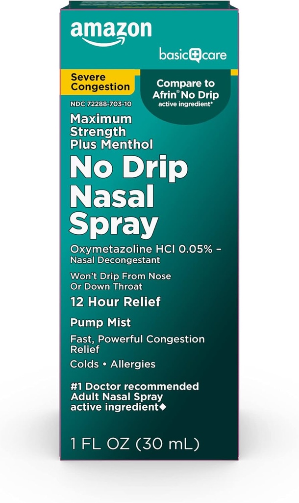   Basic Care No Drip Severe 12 Hour Nasal Decongestant Pump Mist, Steroid Free, Maximum Strength Plus Menthol 1 fl oz (Pack of 1)