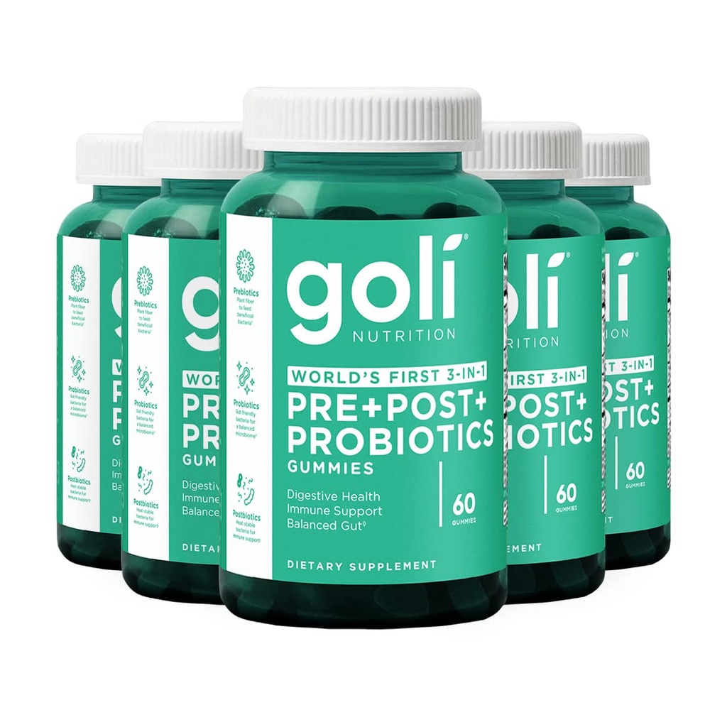 Goli Pre Pro Postbiotic Gummies - Worlds First 3-in-1 Formula with DE111 Probiotics, XOS Prebiotics, MCC1849 Postbiotics - Vegan, Non-GMO, Gluten-Free, 300 Count (5 Pack)