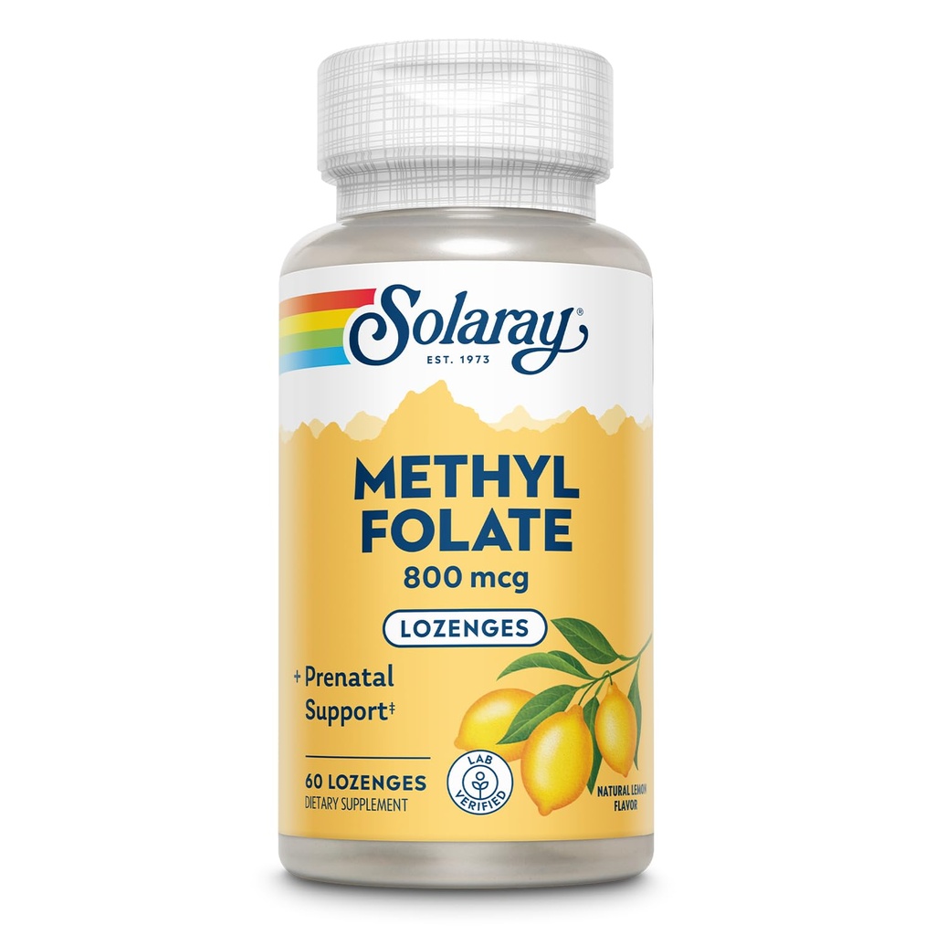 SOLARAY Φολικό μεθύλιο 800 mcg - 470 mcg Φολικό οξύ - 5-MTHF Προγεννητικές Βιταμίνες - Φυσικό άρωμα λεμονιού - Φυσικά γλυκαντικά - Εργαστήριο Επαληθευμένο - Εγγύηση 60 ημερών - 60 Μερίδες, 60 Lozenges