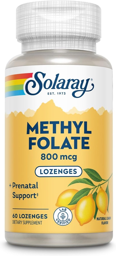 SOLARAY Φολικό μεθύλιο 800 mcg - 470 mcg Φολικό οξύ - 5-MTHF Προγεννητικές Βιταμίνες - Φυσικό άρωμα λεμονιού - Φυσικά γλυκαντικά - Εργαστήριο Επαληθευμένο - Εγγύηση 60 ημερών - 60 Μερίδες, 60 Lozenges