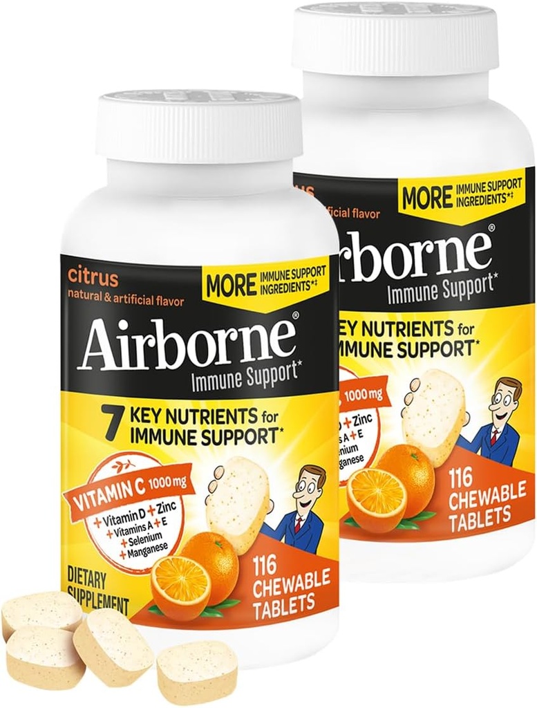 Airborne 1000mg Βιταμίνη C + Zinc Ανοσοποιητικό συμπλήρωμα υποστήριξης Μασώμενα δισκία, Εσπεριδοειδή Γεύση με Ισχυρές Αντιοξειδωτικές Βιταμίνες A C & E, 116 Μασώμενα δισκία (2 Συσκευασία)