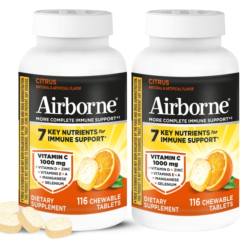 Airborne Citrus Chewable Tablets, 116ct (2 Pack) | Immune Support Supplement with 1000mg Vitamin C + Vitamins A, D, E, Zinc,Selenium, & Manganese | Herbal Blend | Gluten Free