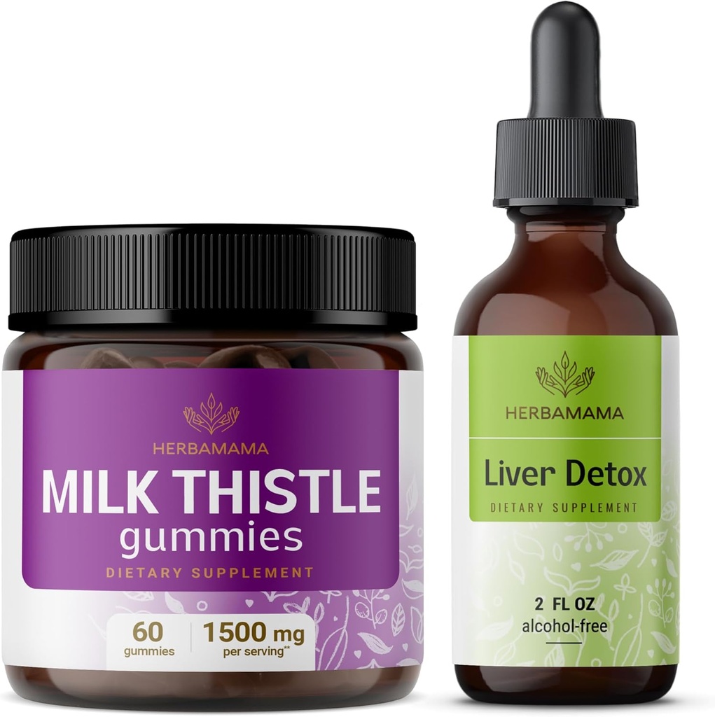 HERBAMAMA Milk Thistle και Liver Support Complex Kit - Δέσμη Milk Thistle Gummies & Liquid Complex 4 fl oz - Vegan, Μη ΓΤΟ, Χωρίς αλκοόλ - 2 Pack