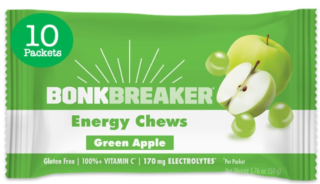 Bonk Breaker Energy Chews, χωρίς γαλακτοκομικά, χωρίς γλουτένη συστατικά για την παροχή γρήγορης ενέργειας και εστίασης, 1 κουτί με 10 πακέτα, πράσινο μήλο