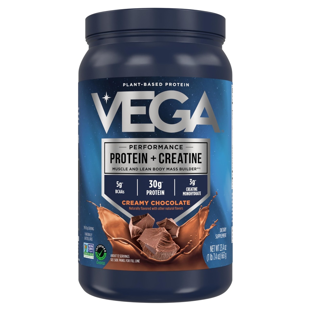 Vega Protein + Creatine - 30g Πρωτεΐνη με βάση το φυτό, σοκολάτα, 13 μερίδες, 3g Createine, 5g BCAAs, Vegan, Keto, Χωρίς γλουτένη, χωρίς γαλακτοκομικά, χαμηλή υδατάνθρακες, για μυϊκή ανάπτυξη & επισκευή, μείγμα ποτών, 23,4oz
