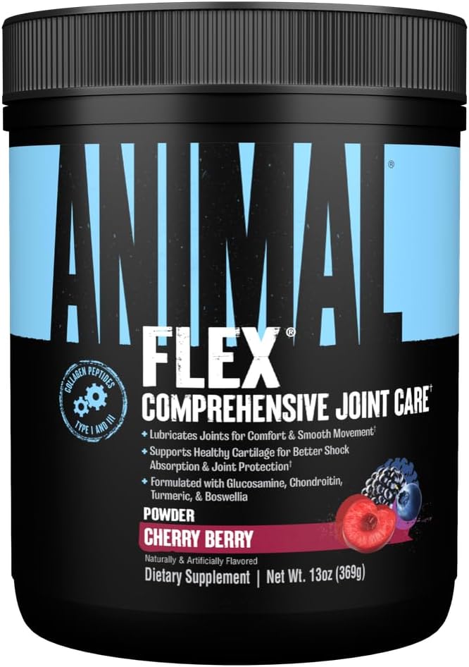 Animal Flex Powder - Κοινό συμπλήρωμα υποστήριξης για την ανακούφιση του πόνου, την επισκευή και την αποκατάσταση των μυών με κουρκουμά, γλυκοζαμίνη, χονδροϊτίνη, MSM, κολλαγόνο και Boswellia, Μεγάλη γεύση κεράσι, 30 Scoops