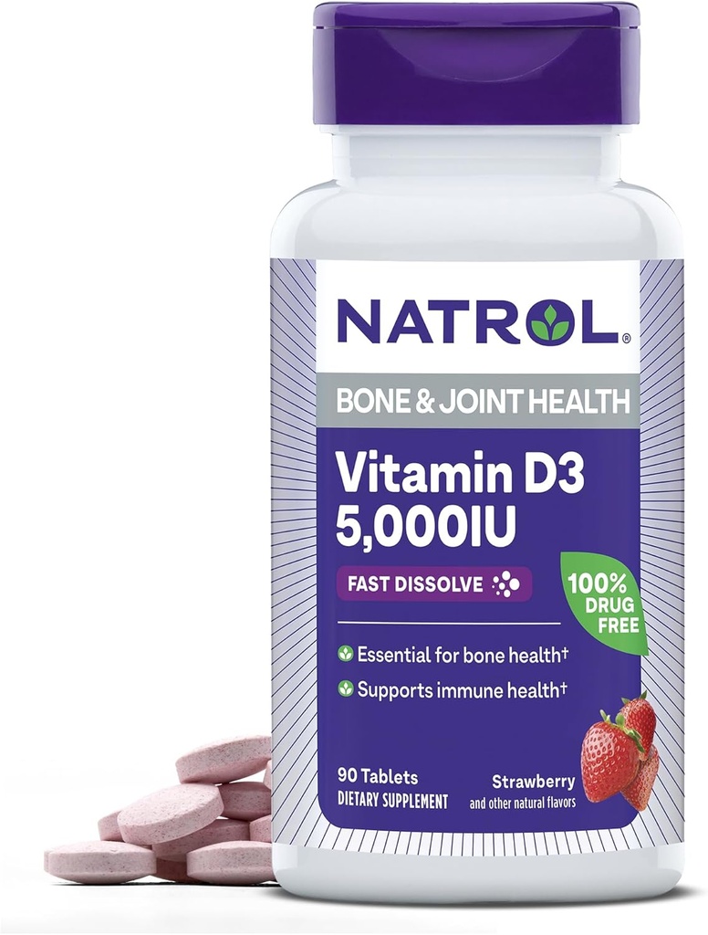 Natrol Fast Dissolve Vitamin D3 5,000 IU, Dietary Supplement for Bone and Joint Health, Bone Support Supplement, 90 Tablets, 90 Day Supply