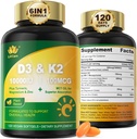 Βιταμίνη D3 10000 IU Plus K2 (MK-7) 100mcg, Βιταμίνη Vegan D3 K2 με Turmeric, Μαγνήσιο & Ψευδάργυρο για Απορρόφηση Ασβεστίου, Οστών & Ανοσοποιητικών Υγείας, Λάδι καρύδας για Υψηλή Απορρόφηση, Εύκολο στην Κατάποση, 120 Cts