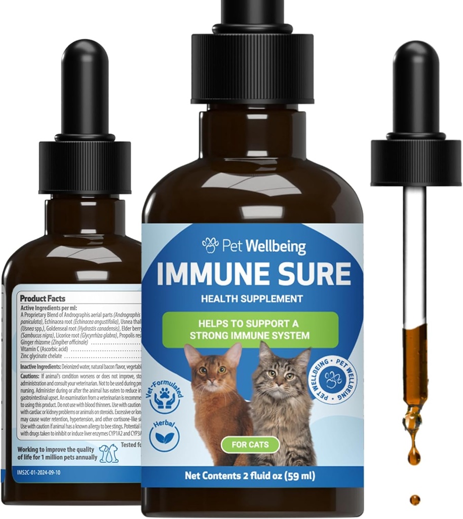 Pet Wellbeing Immune Sure for Cats - Υποστηρίζει την κανονική ανοσοκατασταλτική άμυνα, Υπόλοιπο Χλωρίδας, Ανδρογραφία, Εχινάκεια, Βιταμίνη C, Ψευδάργυρος - Κτηνιατρικό-Σχηματισμένο συμπλήρωμα βοτάνων 2 fl oz (59 ml)