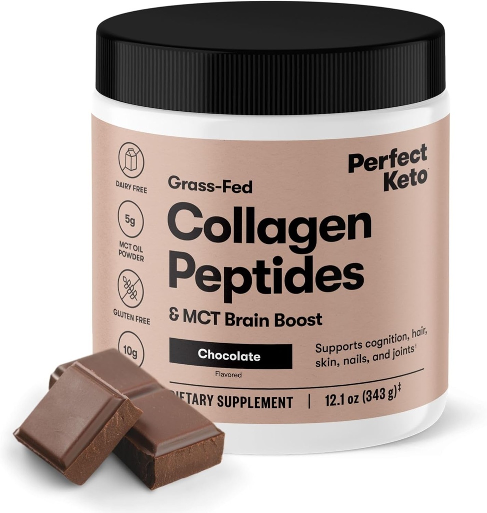 Perfect Keto Collagen Peptides Protein Powder with MCT Oil, Hydrolyzed Collagen, Type I & III Supplement, Gluten Free, Grass Fed, Low Carb, Keto Coffee Creamer, Collagen for Women & Men, Chocolate