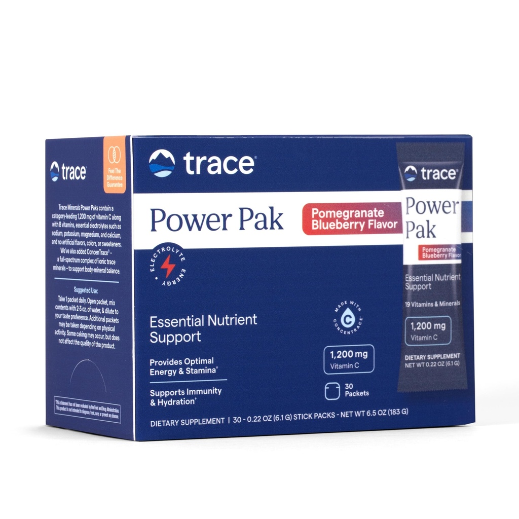 Trace Minerals Power Pak Multivitamin and Multimineral Packets - Υποστήριξη ηλεκτρολυτών - 1200 mg Βιταμίνη C Plus 70 άρωμα βατόμουρο - 30 πακέτα